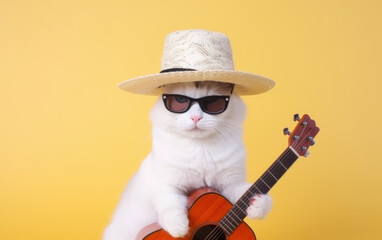 White Persian cat wearing sunglasses and hat holding guitar created with Generative AI technology