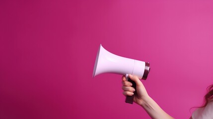 woman's hand holding a megaphone against a pink background, generative ai