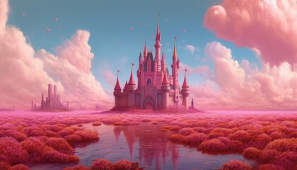 Photo a fairytale castle on a hill in the clouds pink fog envelops the castle landscape. Clouds of sugar. Generative Ai
