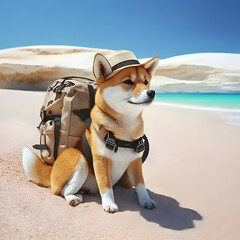 shiba dog with backpack on shoulder hat and sitting on white style 3