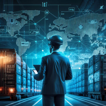 Logistics. The man escorts the cargo. International shipping. Generative AI