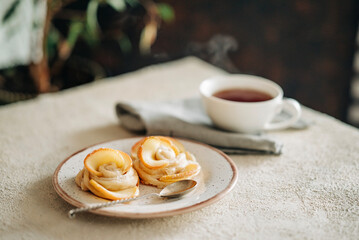 Tasty food sweet bakery pastry puff homemade cooking with cup of tea