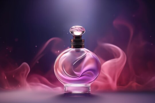 luxury glass or crystal perfume bottle with smoke waves background in pink purple theme, mixed digital 3d illustration and matte painting, generative ai