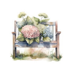Watercolor bench with hydrangea flowers, garden element. Generative Ai.