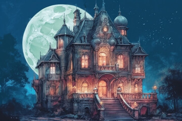 Vintage fantasy castle front at night with full moon.