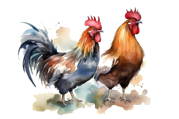 Fototapeta premium Roosters farm in willows character clipart, white background.