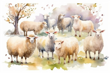 Sheeps farm in willows character clipart, white background.