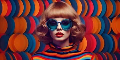 a beautiful high fashion lady with cool sunglasses in front of a crazy multicolored abstract background, generative ai - obrazy, fototapety, plakaty