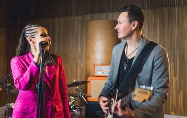 Rock band rehearsal in the studio. High quality photo