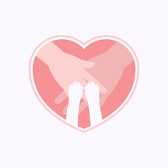 Two paws of cat on hands of family members in heart shaped flat design vector