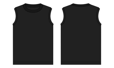 Tank Tops Technical Fashion flat sketch vector illustration template Front and back views. Apparel tank tops black color mock up for men's and boys.
