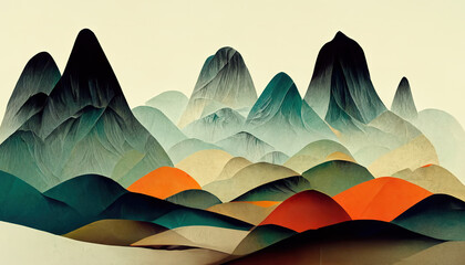 Fototapeta na wymiar Colorful abstract mixed media grunge landscape background. Modern nature design. Generative AI