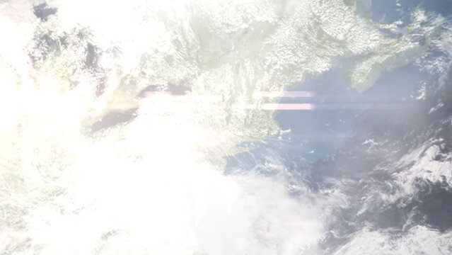 Earth zoom in from outer space to city. Zooming on Kingston, New York, USA. The animation continues by zoom out through clouds and atmosphere into space. Images from NASA