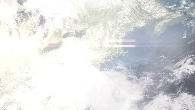 Earth zoom in from outer space to city. Zooming on Middletown, New York, USA. The animation continues by zoom out through clouds and atmosphere into space. Images from NASA