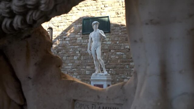 Florence. Tuscany. Italy 03-12-2023. Beautiful statue in Marble of Michelangelo's David, Piazza della Signoria. Video 4K