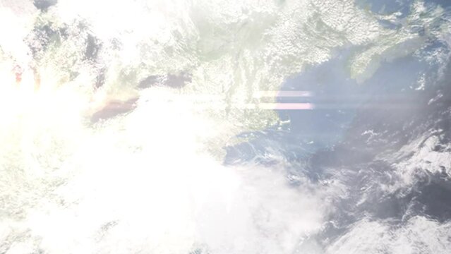 Earth zoom in from outer space to city. Zooming on Newburgh, New York, USA. The animation continues by zoom out through clouds and atmosphere into space. Images from NASA