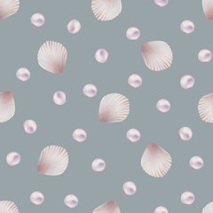 Watercolor seamless pattern with shells and pearls. Hand painting clipart underwater life objects on a white isolated background. For designers, decoration, postcards, wrapping paper, scrapbooking