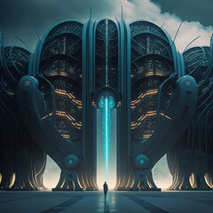 A futuristic data center with massive servers and fiber optic cables, guarded by robotic sentinels