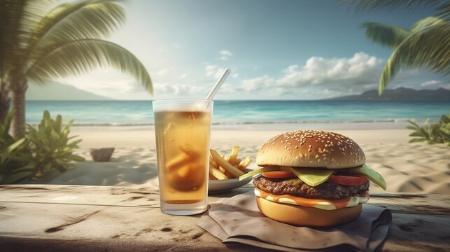 A realistic and detailed photo of a summer cold drink and burger, along with a picturesque landscape of a palm-filled beach. Generative AI