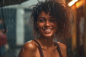 A pretty afro woman with wet hair and sensual gaze smiles through the heavy rain, accompanied by a mysterious gaze. Generative AI - obrazy, fototapety, plakaty