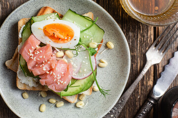 toasts with cream cheese, salmon, egg, avocado, cucumber  in a plate