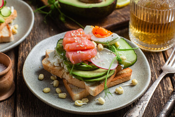 toasts with cream cheese, salmon, egg, avocado, cucumber  in a plate