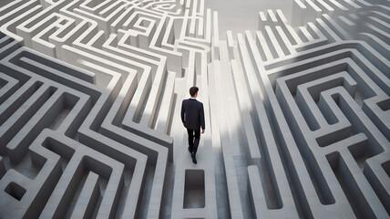 Obraz na płótnie Canvas Young Businessman in front of a huge maze, high key. AI generated