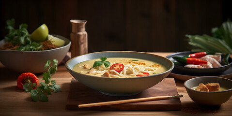 Traditional Asian Laksa soup on wooden table, on dark background, AI generated