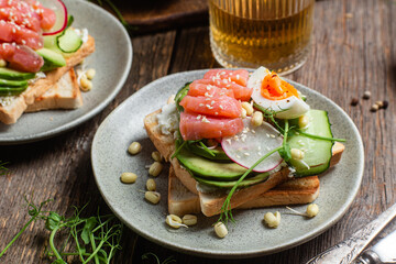 toasts with cream cheese, salmon, egg, avocado, cucumber  in a plate