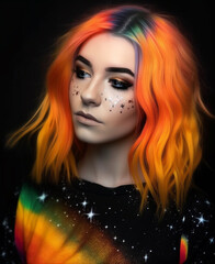 Generative ai young woman with multi-colored hair and creative make up