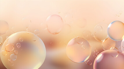 Oil bubbles in water on pastel beige background, close up, macro. AI generated
