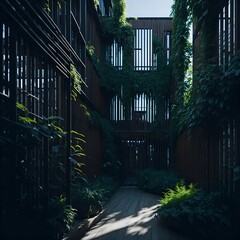 grüner Innenhof, dunkle Holzfassade,  moderne Architektur Holzhaus, Generative AI