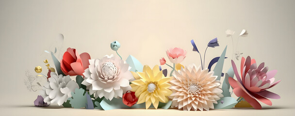 Multilayer Paper art Flowers on yellow background. AI generated