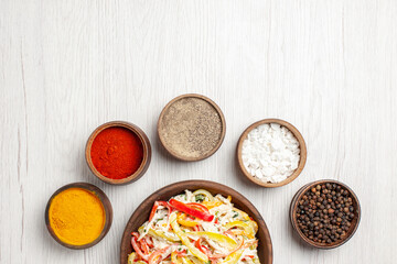 top view delicious chicken salad with different seasonings on white desk snack ripe meal color meat fresh salad
