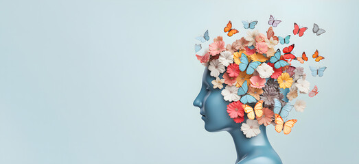 Female head with flowers and butterflies, self-care and mental health concept, positive thinking background, free copy space  on light blue background. AI generated
