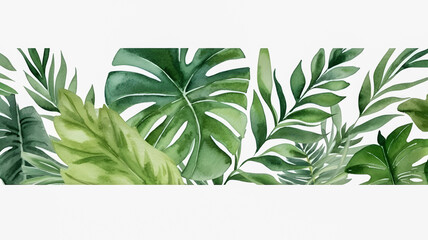 Mix Green tropical leaves on white background. Watercolour hand painting, Ai generated