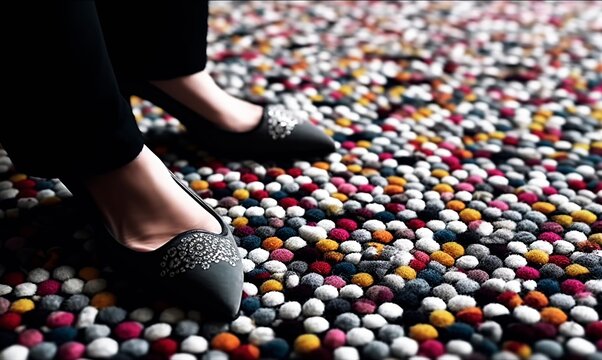Colored tactile carpet. Interior design. Generative AI. Carpet made with little colored circles. Soft. 