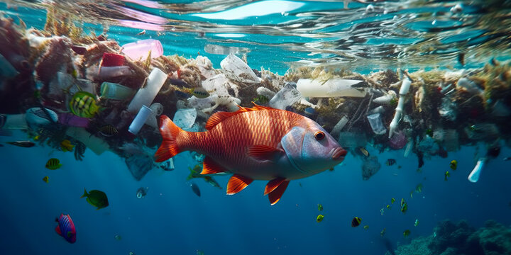 A fish swims among the pollution of the ocean with a plastic bag. Environment concept. Generative AI

