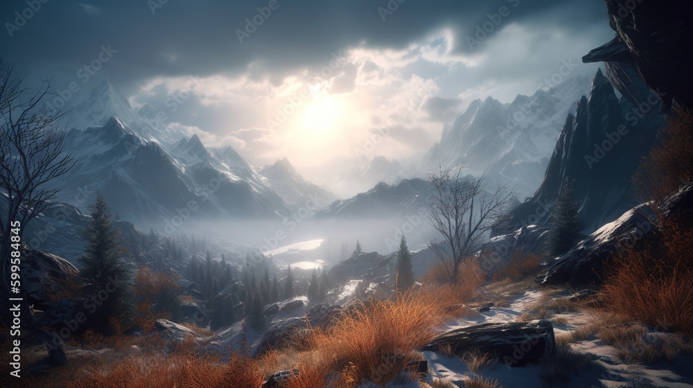 Poster an image depicting a mountainous terrain covered with snow generative ai
