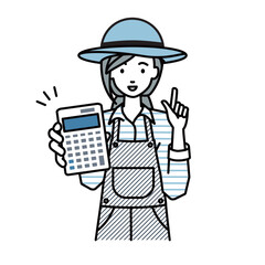 立って電卓を持ってこちらに向けて見せている農家の女性
