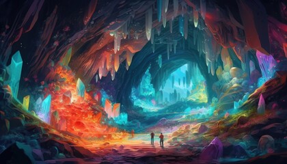 Fototapeta na wymiar fairytale dragon and kids adventure in magic cave, Generative Ai