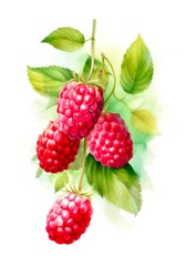Watercolor illustration of ripe raspberries on white background. Generative AI.