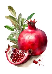 Watercolor illustration of pomegranates isolated on white background. Generative AI.