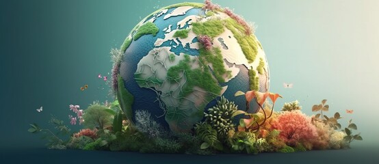 Earth, sustainability concept. Generative AI. Green forests, water, birds, animals in the form of a globe.
