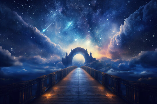 Generative AI: fantasy bridge wood with cloud in the space with a cute landscape