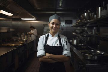 Portrait of a caucasian female chef working in a professional kitchen. Generative ai