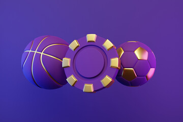 Fototapeta na wymiar Poker chip, basketball and soccer ball on bright, violet, neon background. 3d rendering illustration