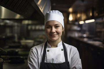 Portrait of a caucasian female chef working in a professional kitchen. Generative ai