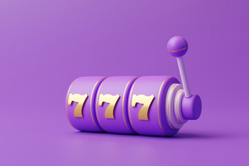 Purple slot machine with three golden sevens on violet background. 3d rendering illustration