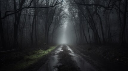 Naklejka premium Deserted dark forest road. AI generated.